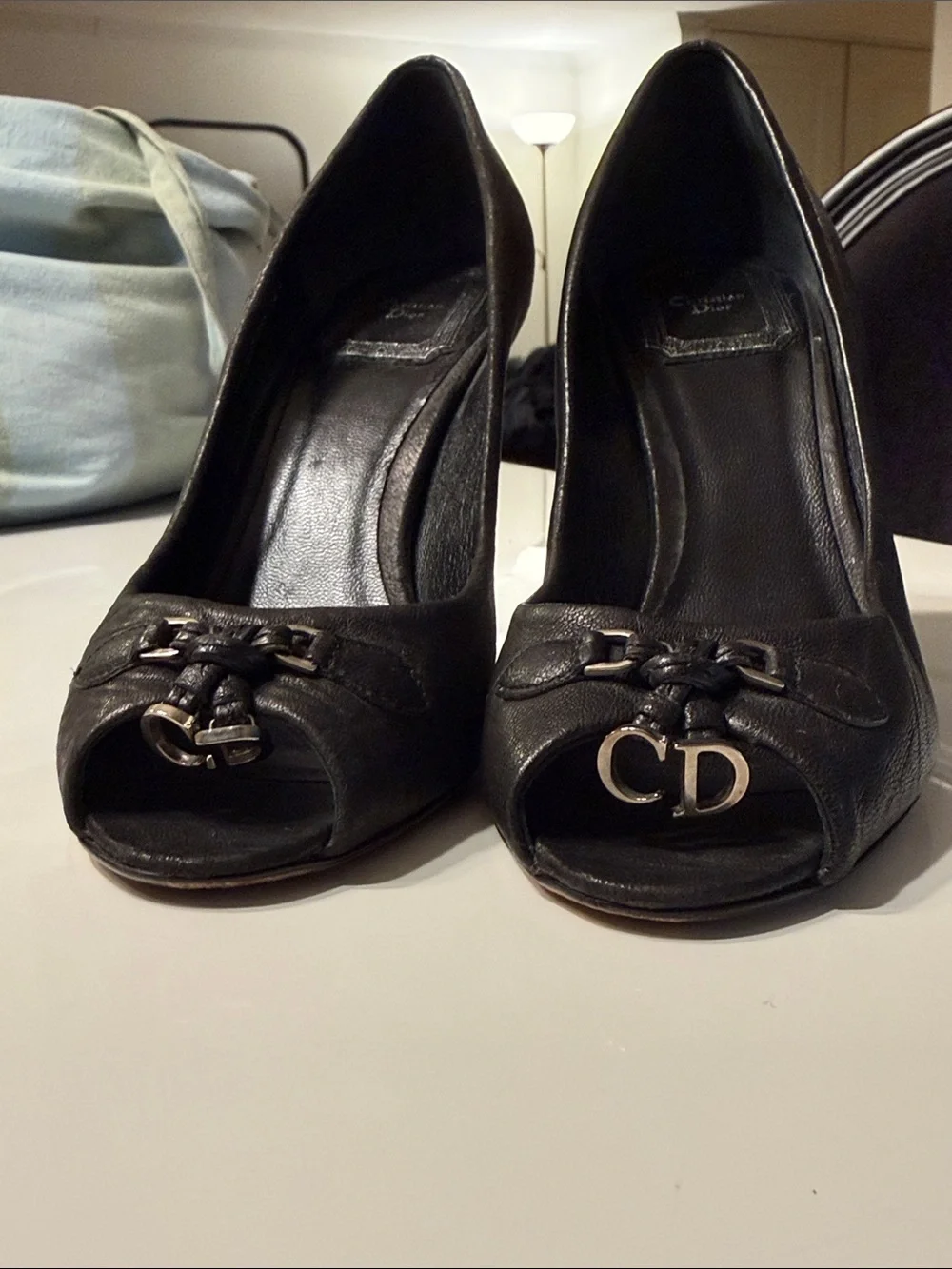 Dior Black Leather Peep-Toe Pumps with CD Hardware